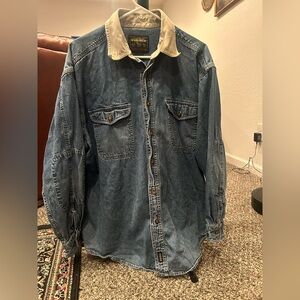 Vintage WOOLRICH Denim Shirt Mens XL Blue Cream Button Down Collar 90s